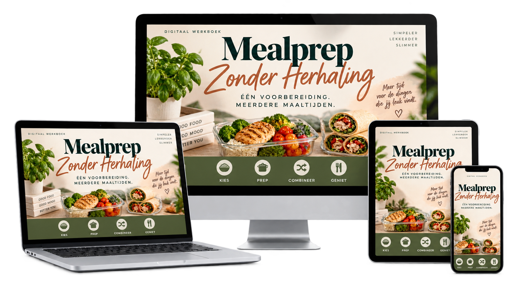 Het Mealprep Zonder Herhaling digitale systeem op laptop, monitor, tablet en telefoon